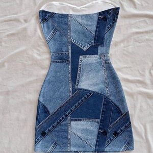 Blue Asymmetrical jean print Bustier Mini Dress